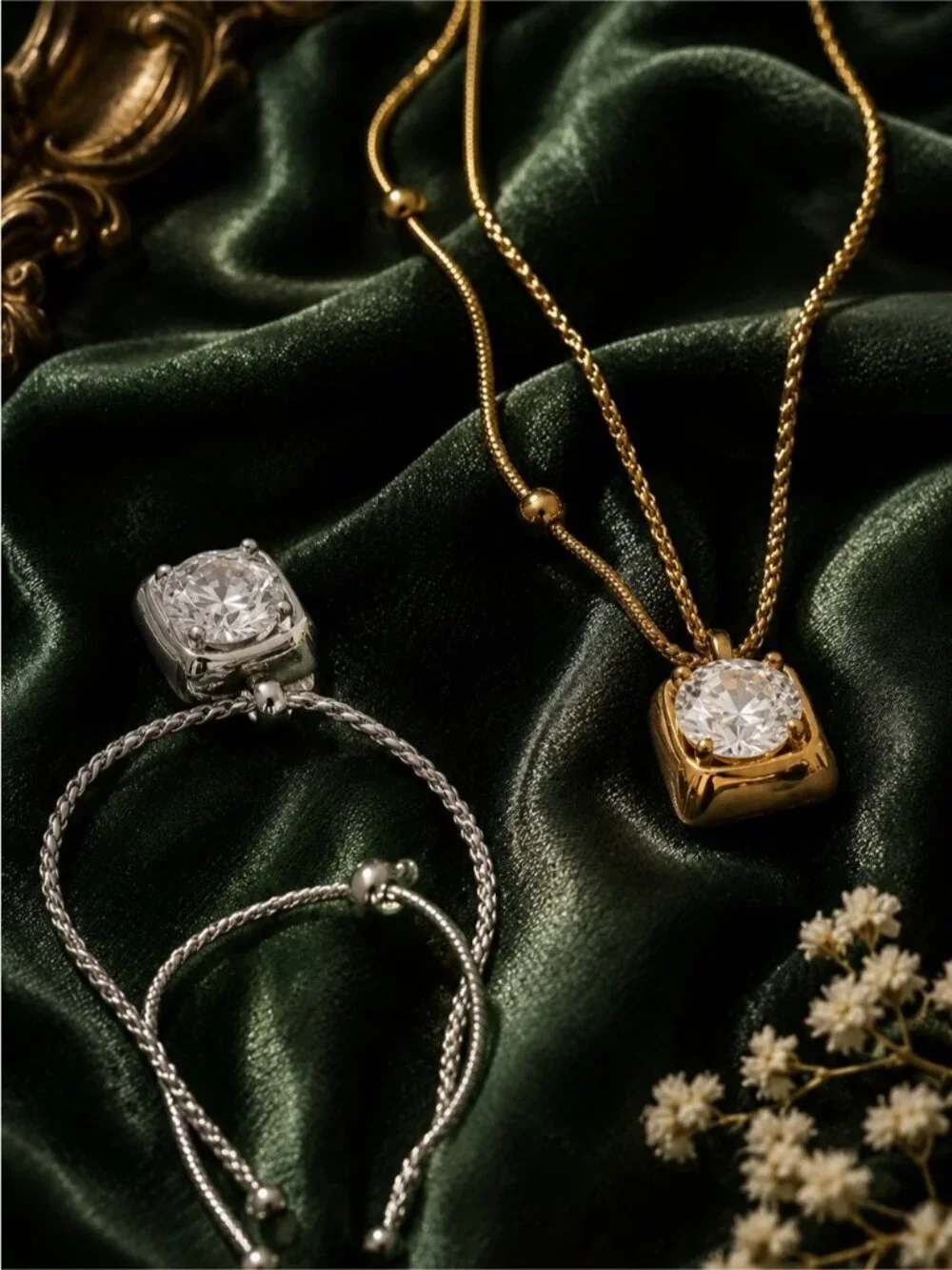 Gold Toned Pendant Necklace with Clear Stone